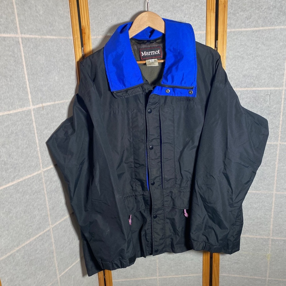 Vintage Marmot Mens Black Blue Nylon Waterproof‎ Hooded Jacket Size Large